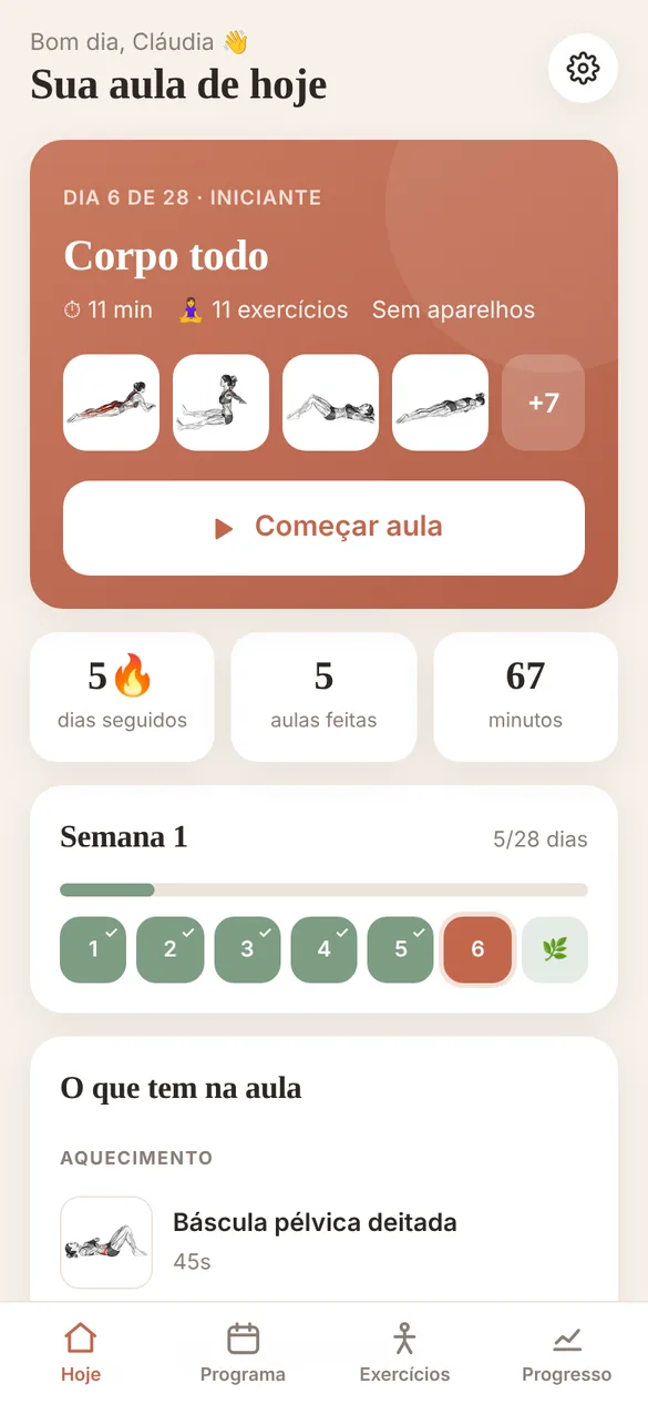 Tela da aula do dia no aplicativo Corpo Leve